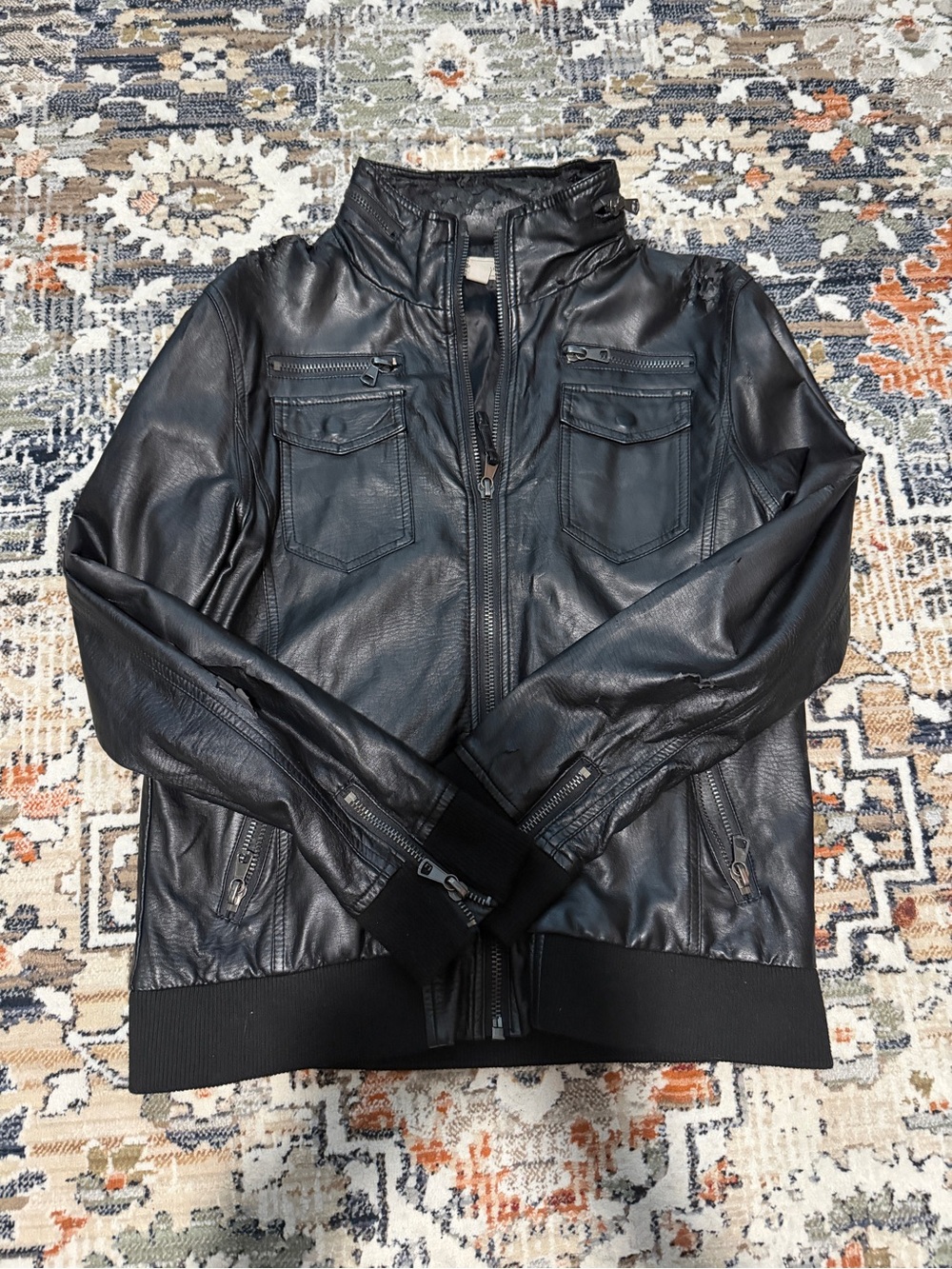 Men's Black Leather Bomber Jacket with Ribbed Hem